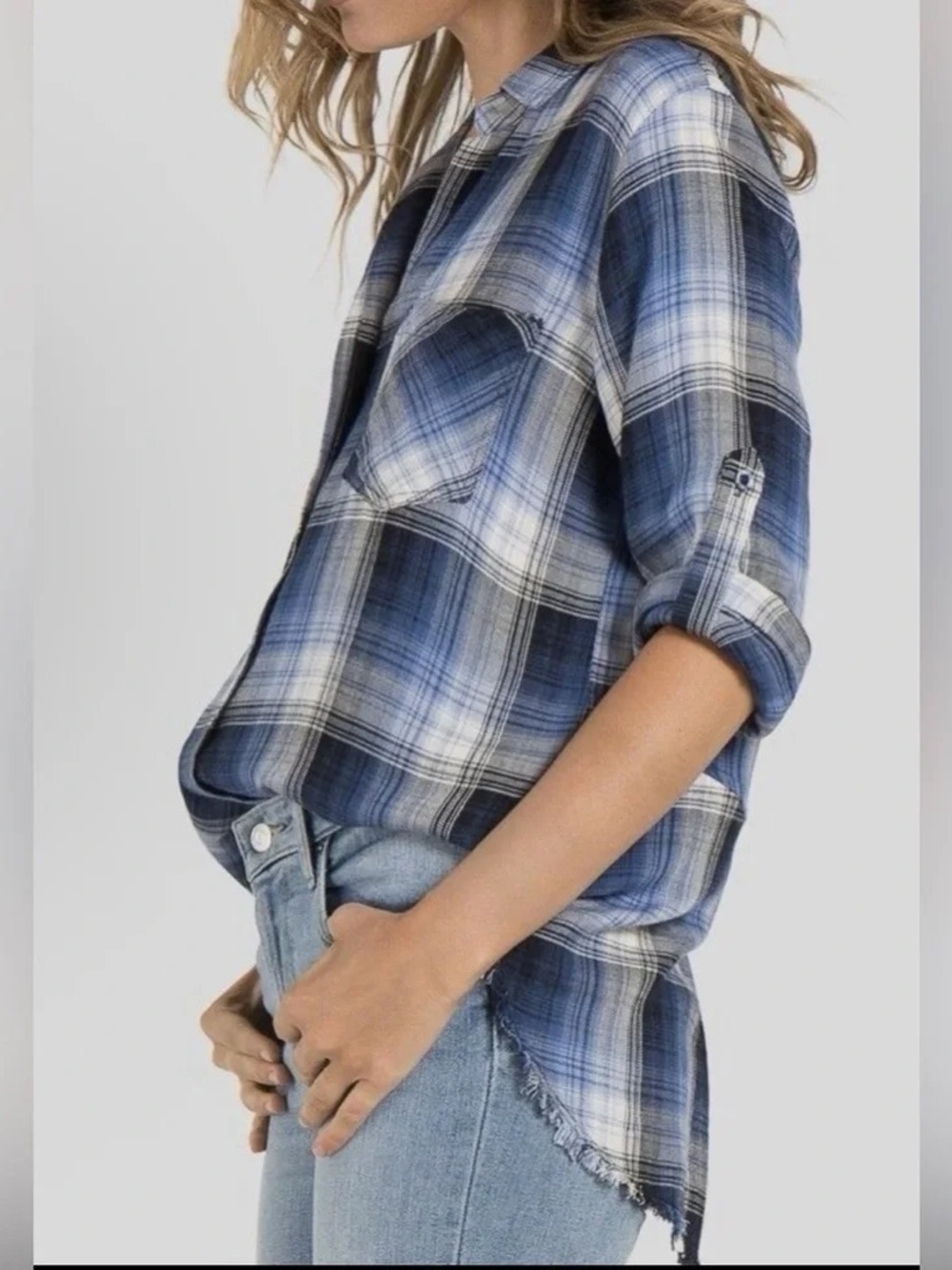 Hester & Orchard Blue White Plaid Button Up Shirt Roll Tab Long Sleeve Shirt Top